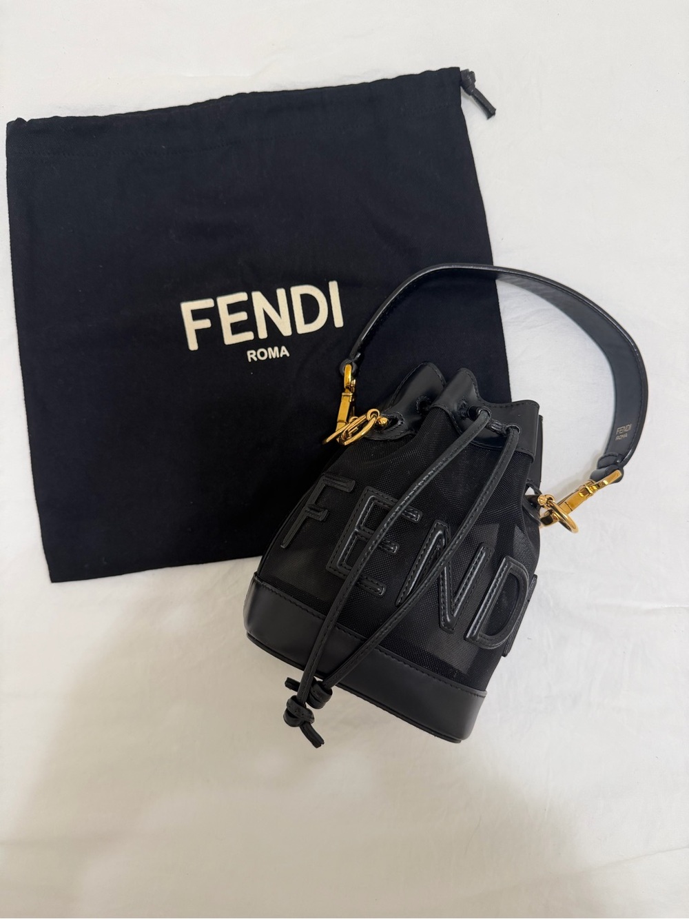 Fendi Mesh Black Logo Mini Bucket Bag with Gold-Tone Hardware